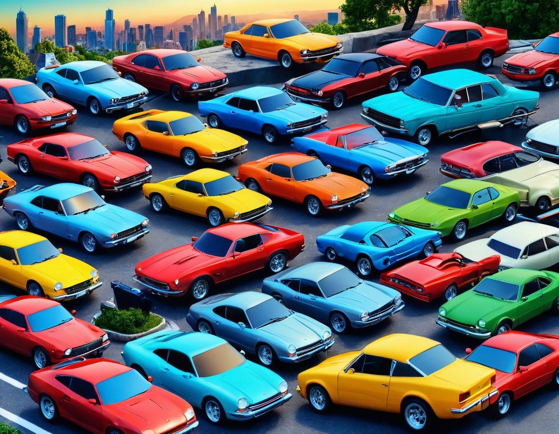 A collage showcasing a diverse range of cars, from classic to modern, alongside tools and gadgets essential for car maintenance. Include vibrant scenes of outdoor car meets and a garage filled with automotive care products. The background transitions from a bustling cityscape to a serene countryside, symbolizing the journey of a car lover. super-realistic. vibrant colors. 3D.