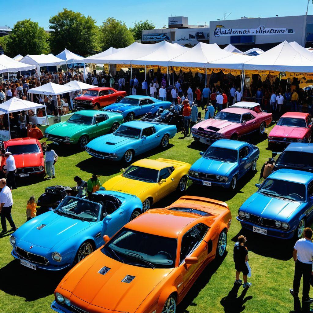 A vibrant scene showcasing a diverse gathering of car enthusiasts at a lively outdoor event. Include a variety of sleek, modern vehicles, with people of different ages interacting, some admiring cars, others discussing trends. Set against a backdrop of colorful banners and food stalls, capturing the essence of community and passion for automobiles. Add bright blue skies and a sunlit atmosphere to enhance the excitement. super-realistic. vibrant colors. outdoor event.