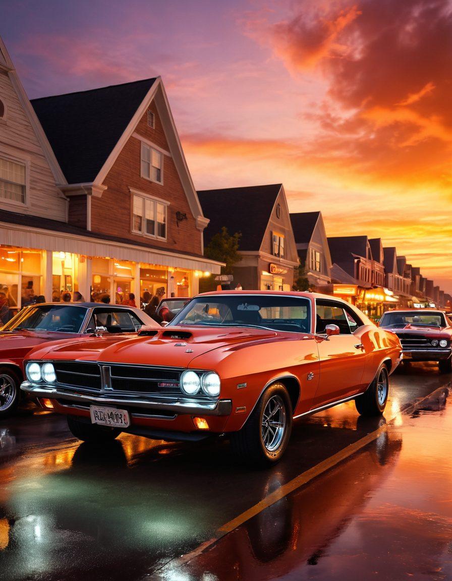A dynamic scene showcasing a diverse group of car enthusiasts gathered around a classic muscle car, with vibrant flames subtly illuminated in the background, symbolizing passion and energy. Include various vintage and modern cars lined up, with detailed textures and reflections on their surfaces, set against a sunset sky filled with warm colors. Emphasize the excitement and community atmosphere, with people sharing stories and experiences. super-realistic. vibrant colors. dramatic lighting.
